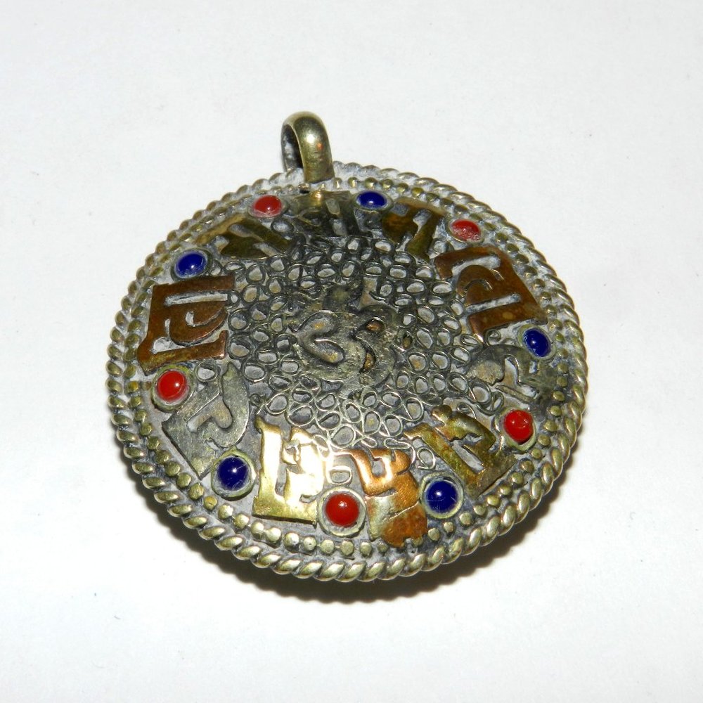 Vintage Tibetan Kalachakra Om Double Sided Mandala Pendant Filigree